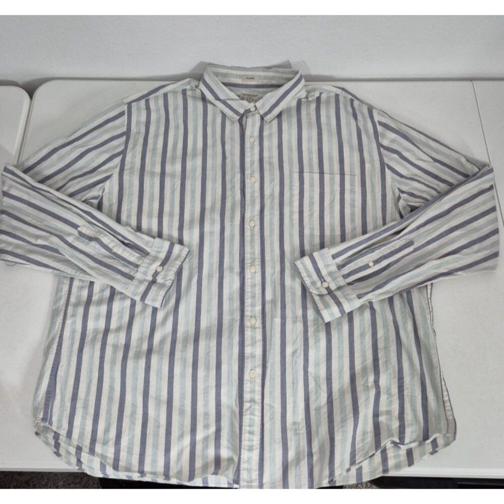J Crew Shirt Mens 2XL Green Stripe Classic Secret‎ Wash Shirting Button Down - Picture 3 of 7